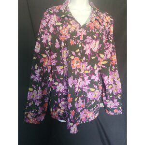 Denim & Co. Signature Sheer Floral Button Front Shirt Purple Pink